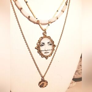 ANTIQUE ART LAYERED Necklace Dainty GOLD FORNASETTI EVIL EYE PROTECTION CHARMS